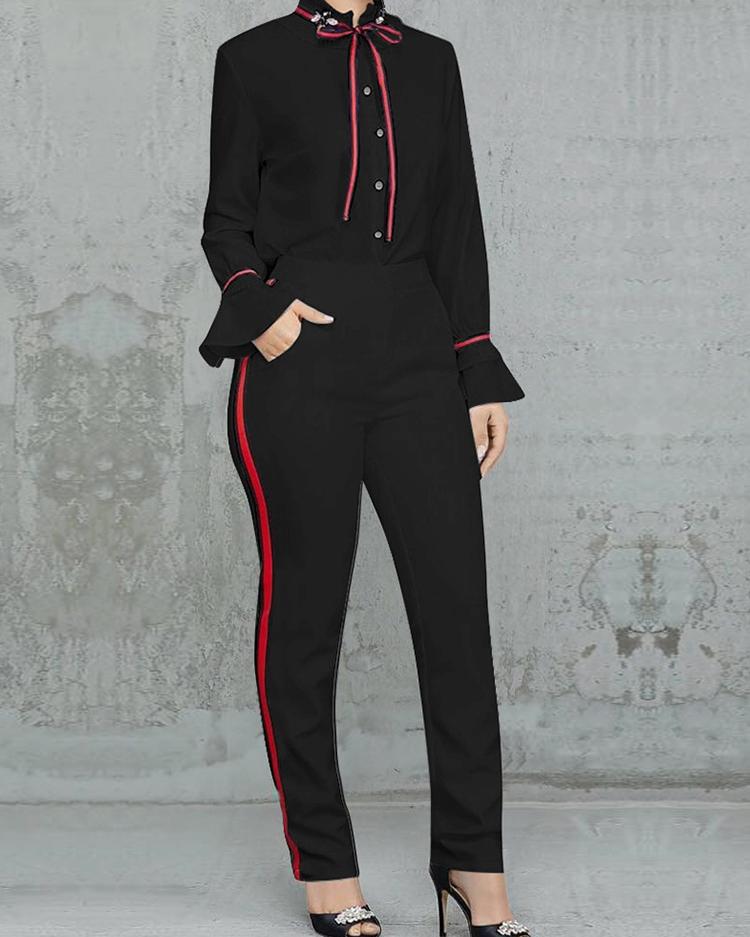 

Tied Neck Bell Sleeve Shirt & Striped Tape Side Pant Sets, Black