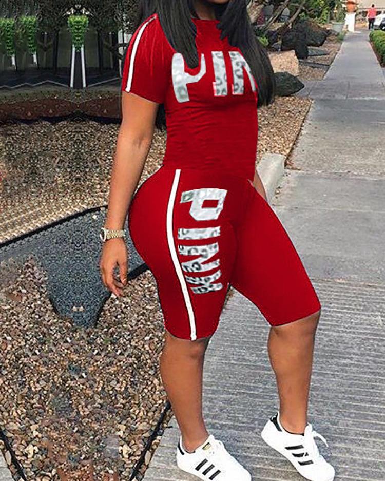 

Letter Print Slinky Striped Tape Side Tracksuit