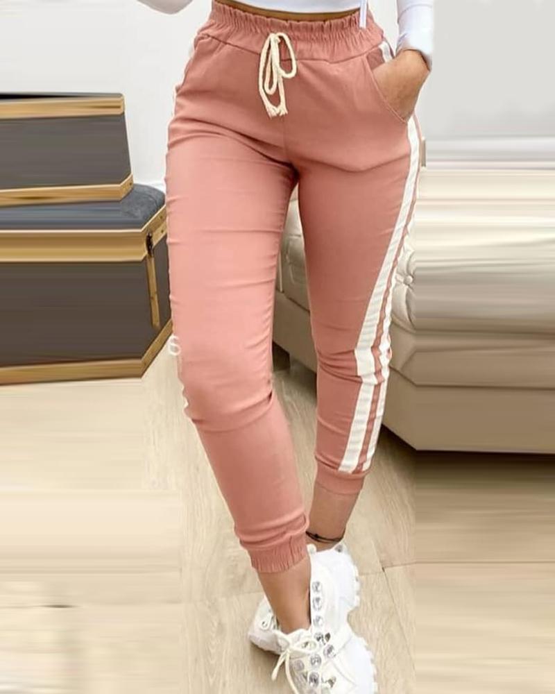 

Striped Tape Pocket Design Drawsting Sweatpants, Pink