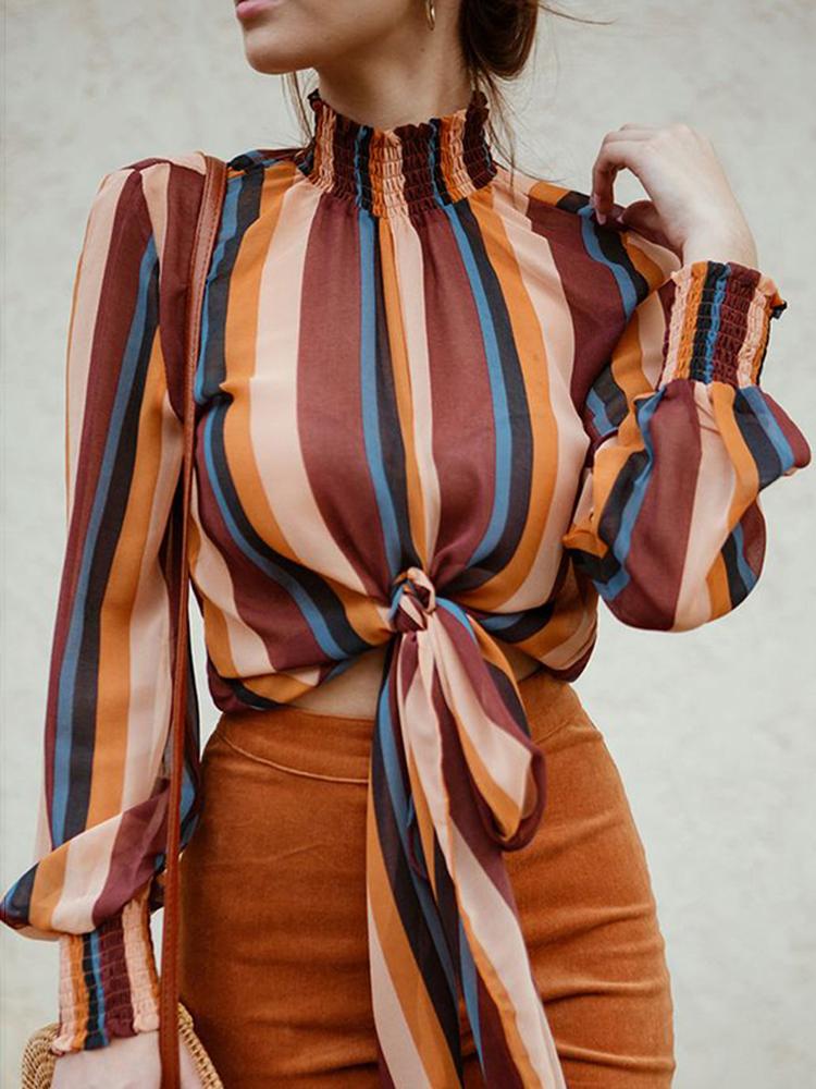 

Striped Shirring Neck & Cuff Knotted Blouse