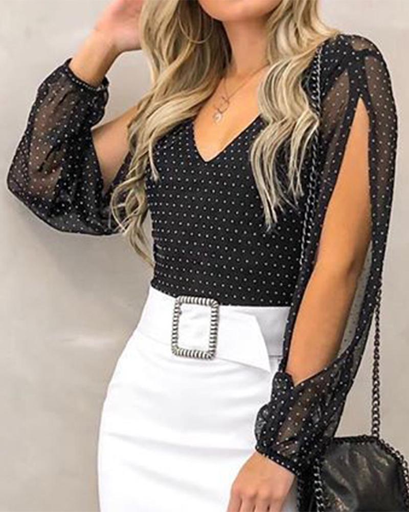 

Polka Dot Long Split Sleeve Blouse, Black