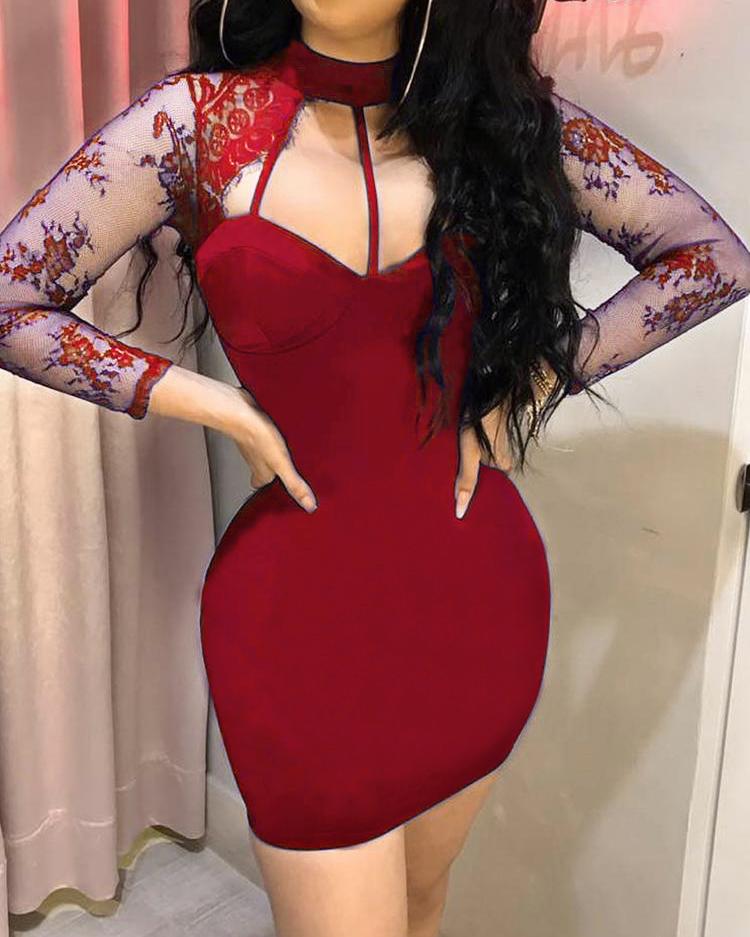 

Eyelash Lace Yoke Cage Neck Bodycon Dress, Red