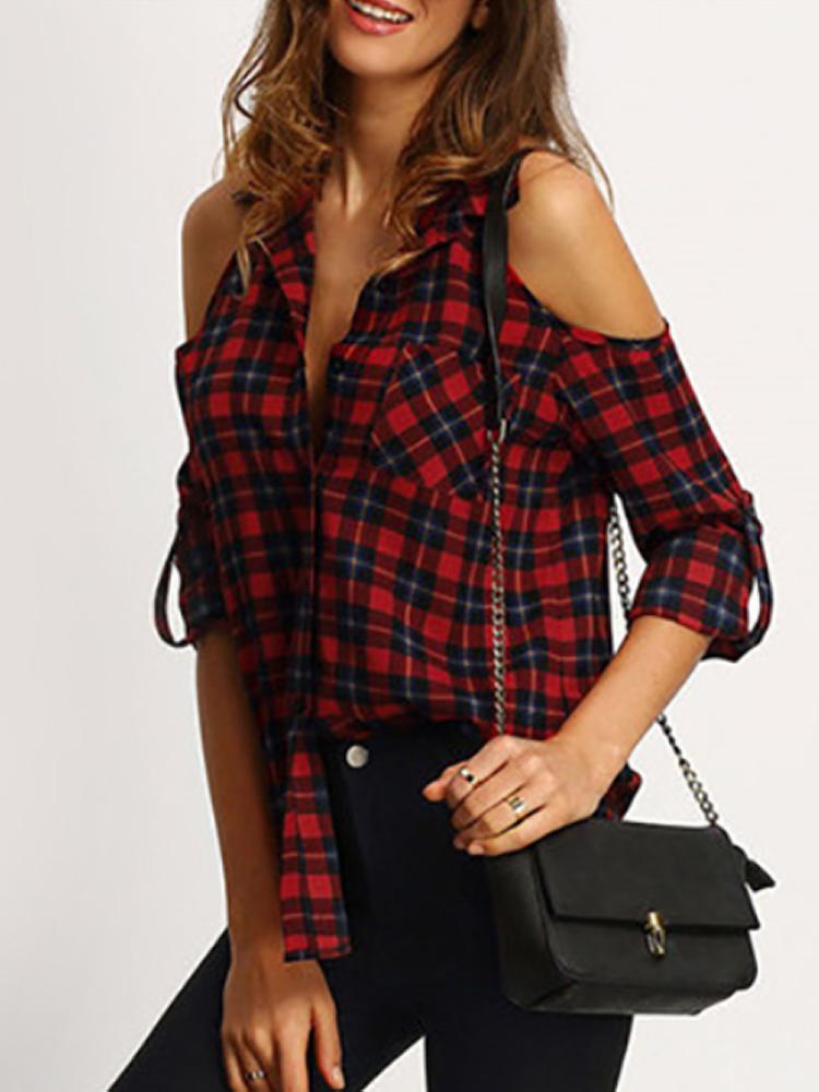 

Plaid Cold Shoulder Curved Shirt Blouse, Red