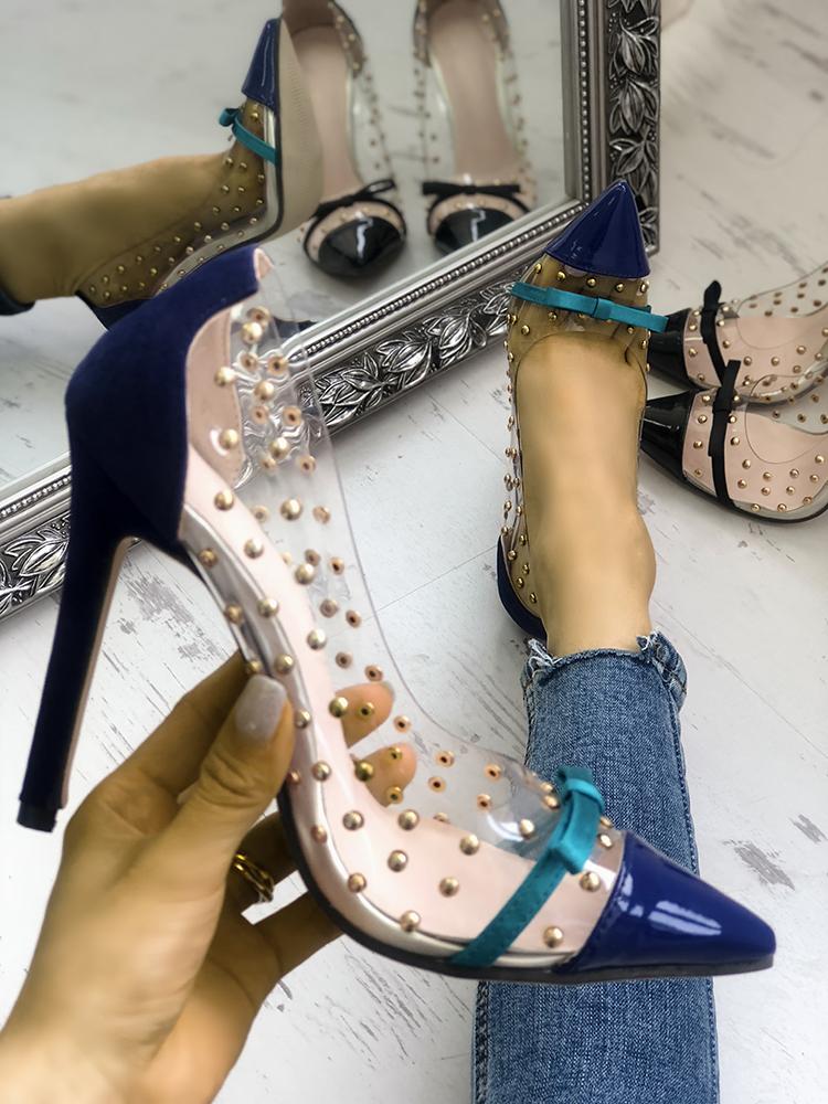 

Transparent Rivet Bowtied Pointed Toe Heels, Blue