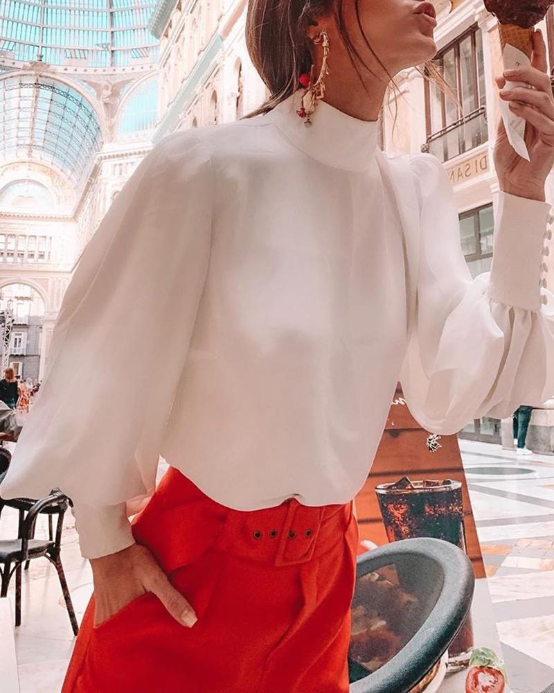 

Solid High Neck Lantern Sleeve Blouse, White