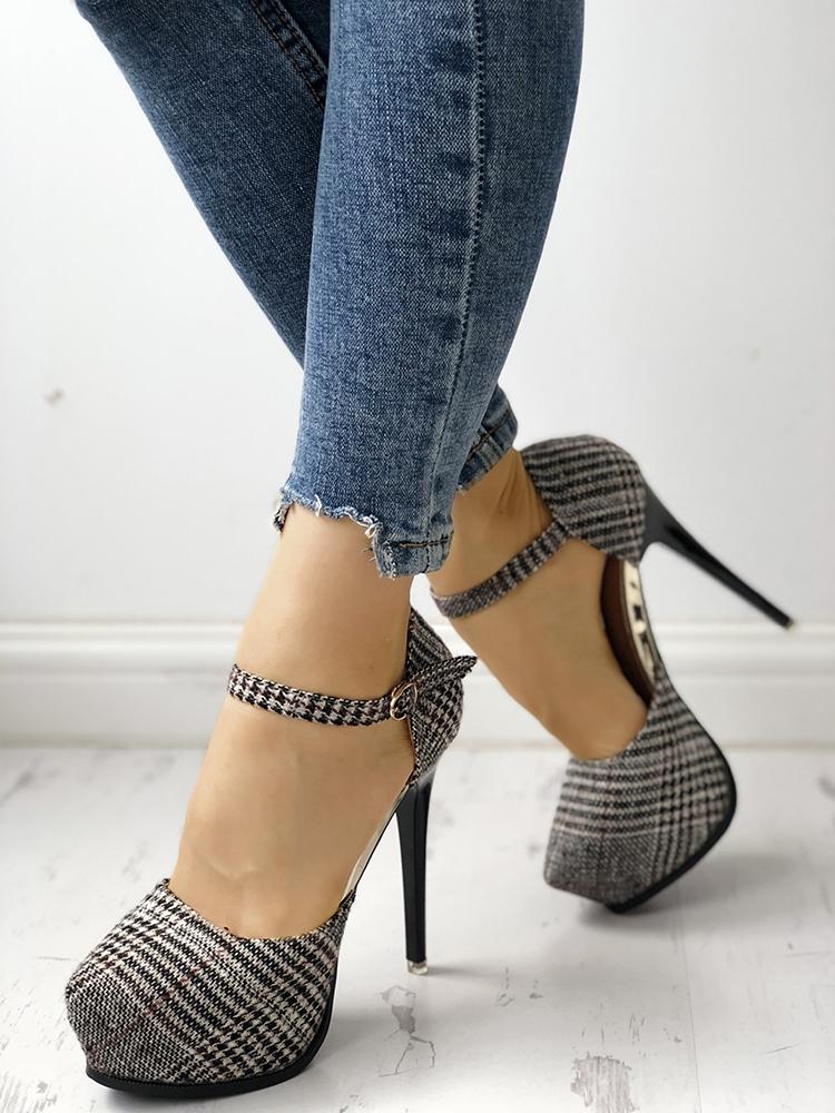 

Houndstooth Ankle Buckle Pointed Toe Thin Heels