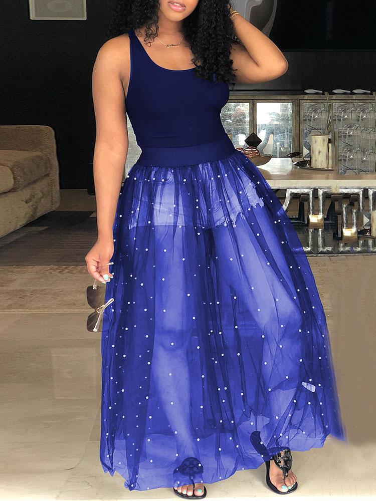 

Beading Mesh Splicing Pleated Maxi dress