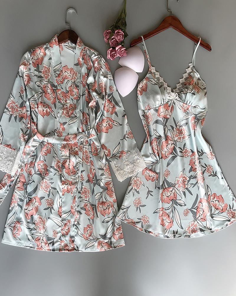 

Floral Print V-neck Lace Trim Cami Dress & Robe Set, Light blue