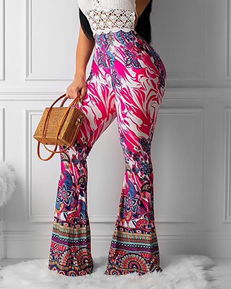 

High Waist Ethnic Print Bell-bottomed Pants, Hot pink
