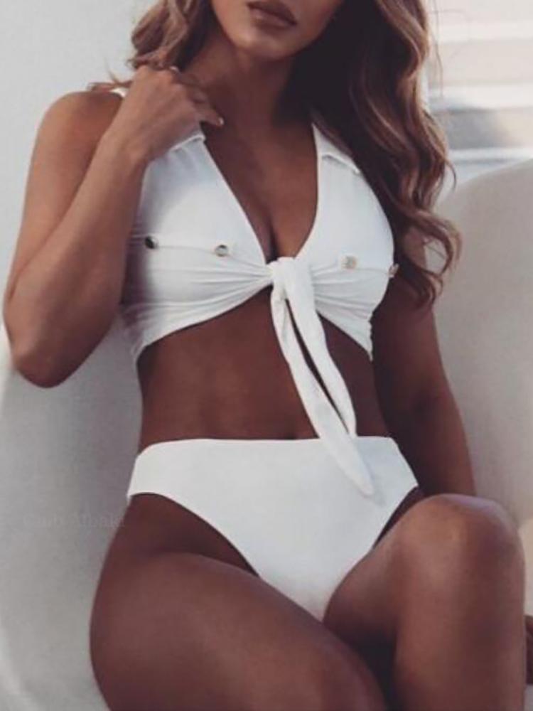 

Rivet Detail Knotted Front Bikini Sets, White
