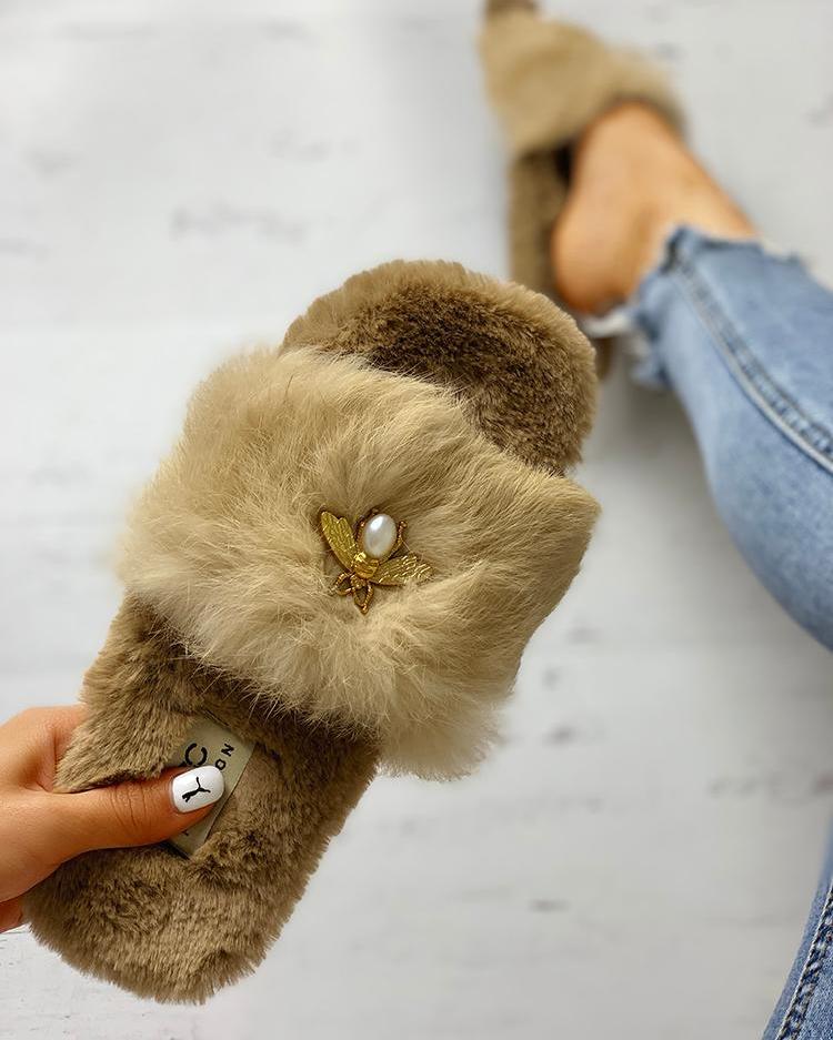 

Fluffy Metallic Embellished Open Toe Slippers, Khaki