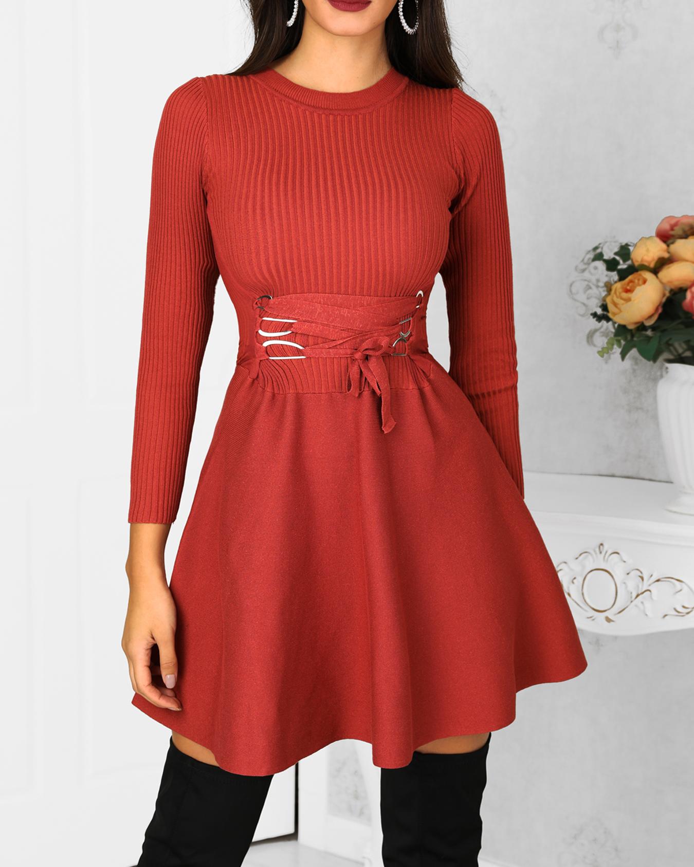 

Lace Up Waist Casual Sweater Dress