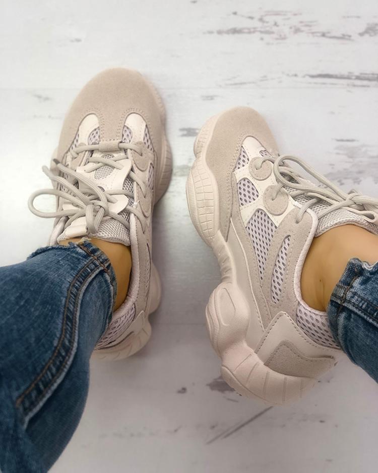 

Lace-Up Net Splicing Breathable Sneakers, Apricot
