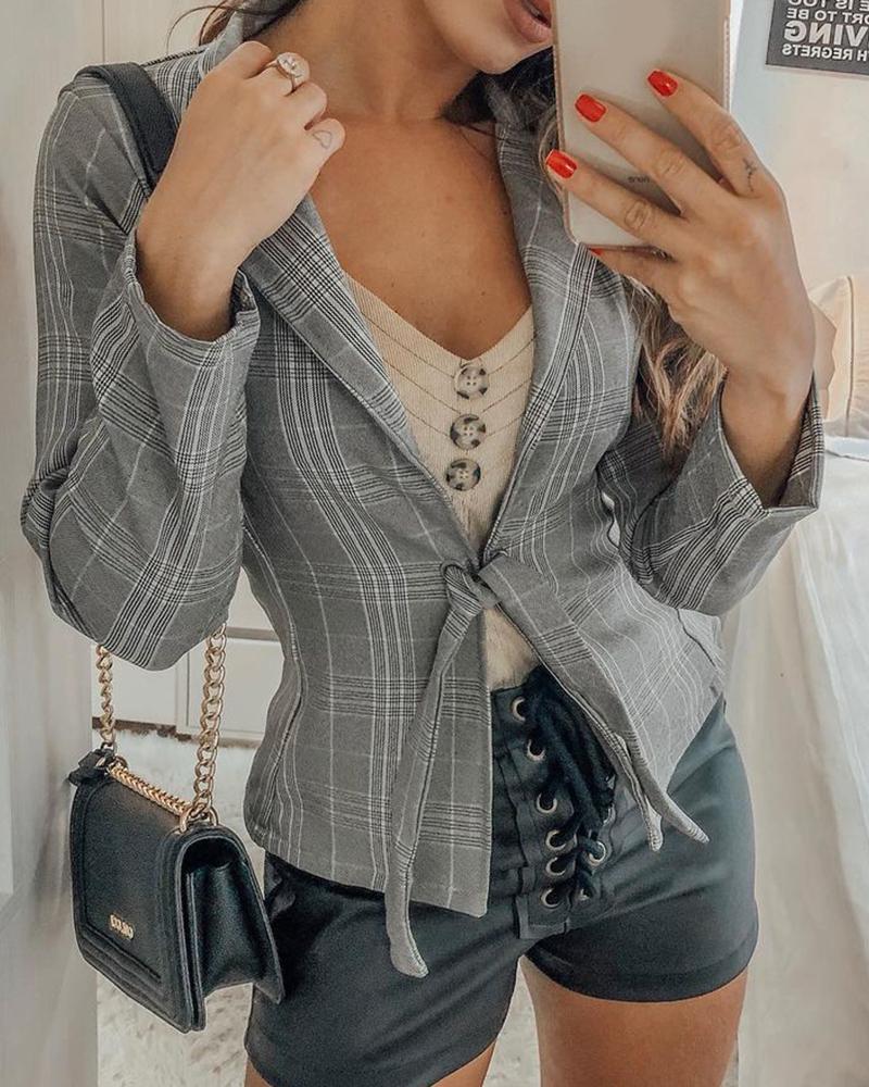 

Plaid Print Eyelet Lace Up Blazer Coat, Gray