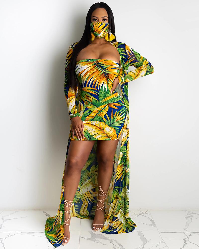 

Tropical Print Tube Dress & Mask & Longline Coat, Multicolor