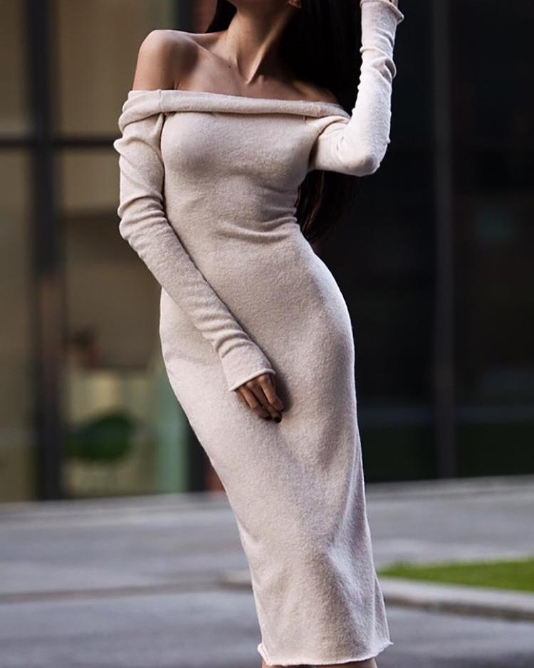 

Off Shoulder Long Sleeve Skinny Dress, Nude