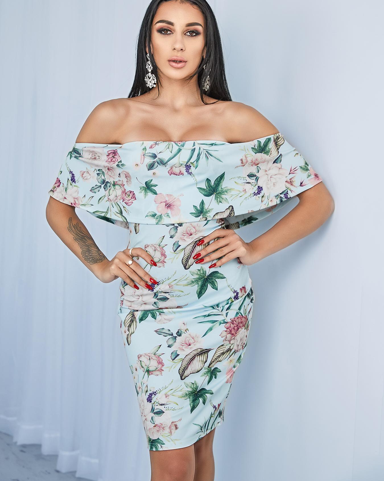 

Floral Print Off Shoulder Ruffle Sheath Dress
