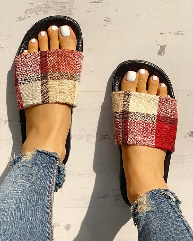 

Colorblock Plaid Open Toe Slippers, Black