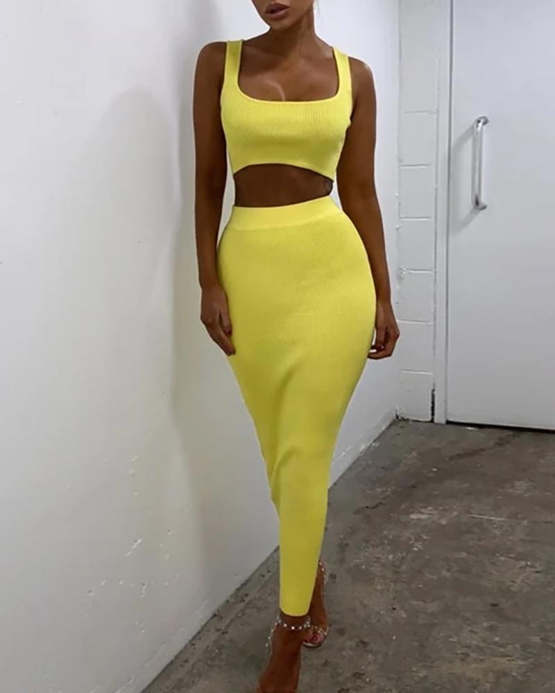 

Thin Strap Ribbed Crop Top & High Waist Skirt Set, Yellow