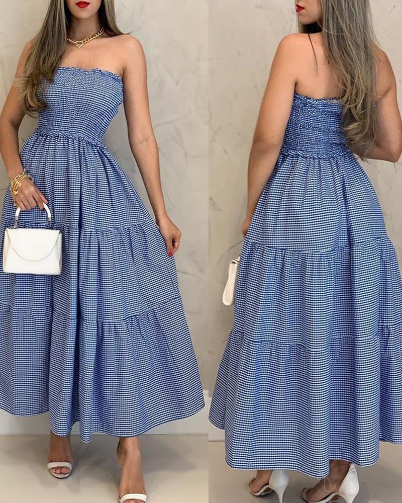 

Gingham Check Print Bandeau Shirring Maxi Dress, Blue