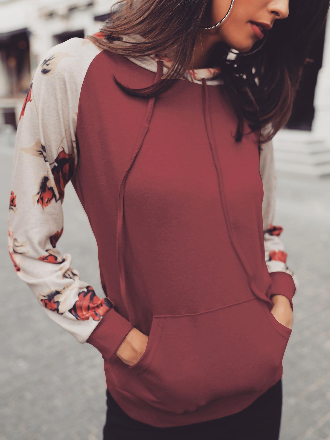 

Floral Print Hooded Casual Sweatshirt, Red