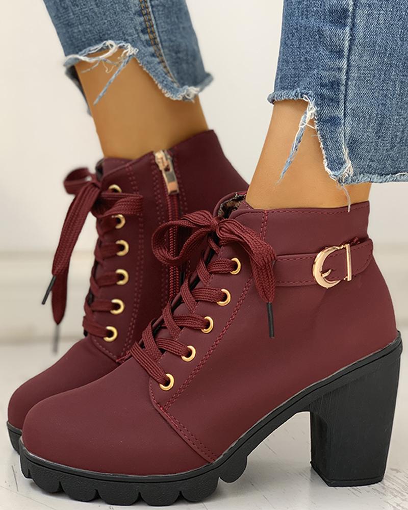 

Suede Eyelet Lace-Up Buckled Chunky Heeled Ankle-Boots, Wine red