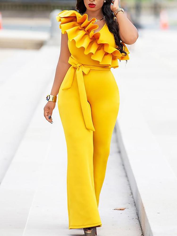 

Ruffles Design Belted Wide Leg Jumpsuit