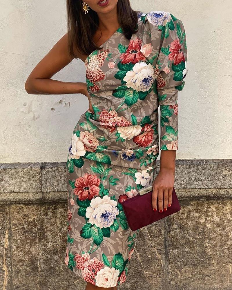 

One Shoulder Puff Sleeve Floral Print Dress, Coffee