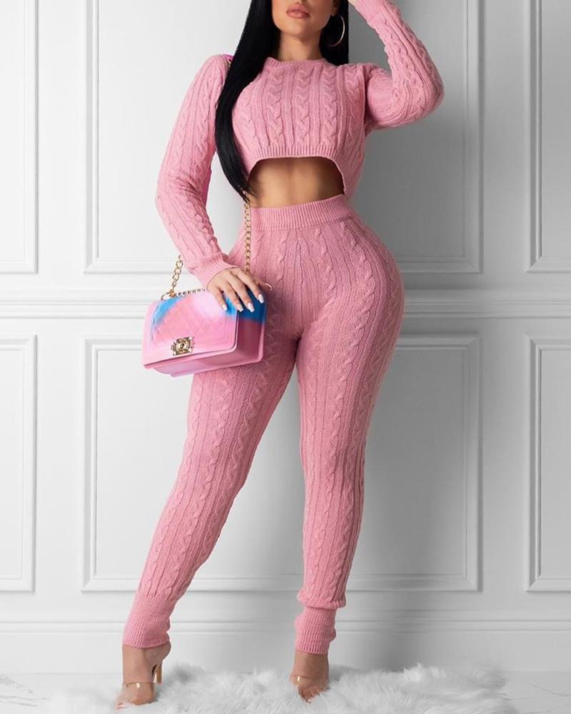 

Solid Crop Sweater & Pant Sets, Pink