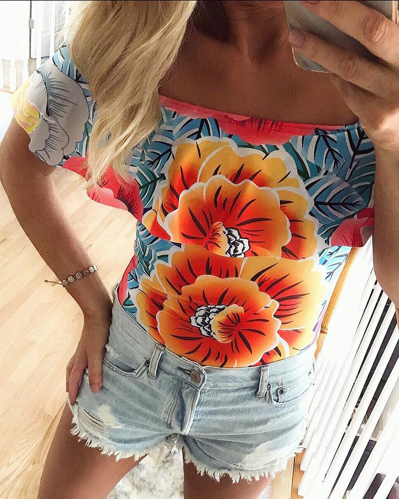 

Floral Print Ruffles Off Shoulder Blouse, Blue