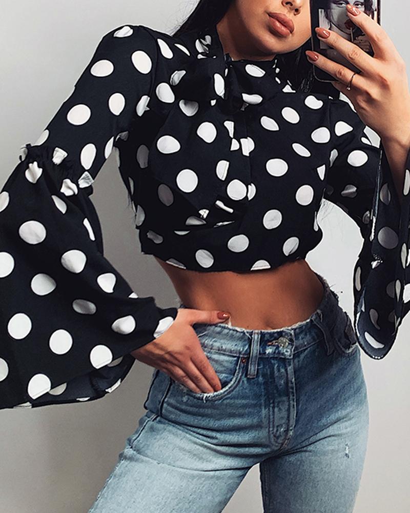 

Polka Dot Tie Neck Crop Top, Black