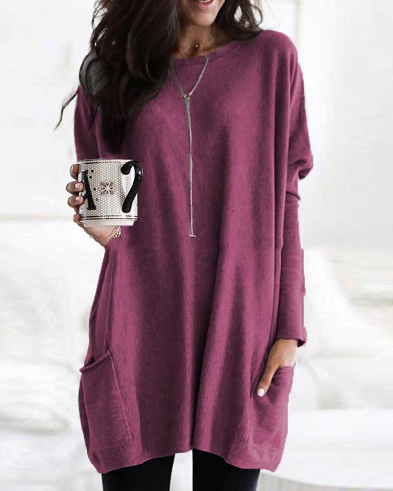 

Solid Pocket Design Casual Top, Purple