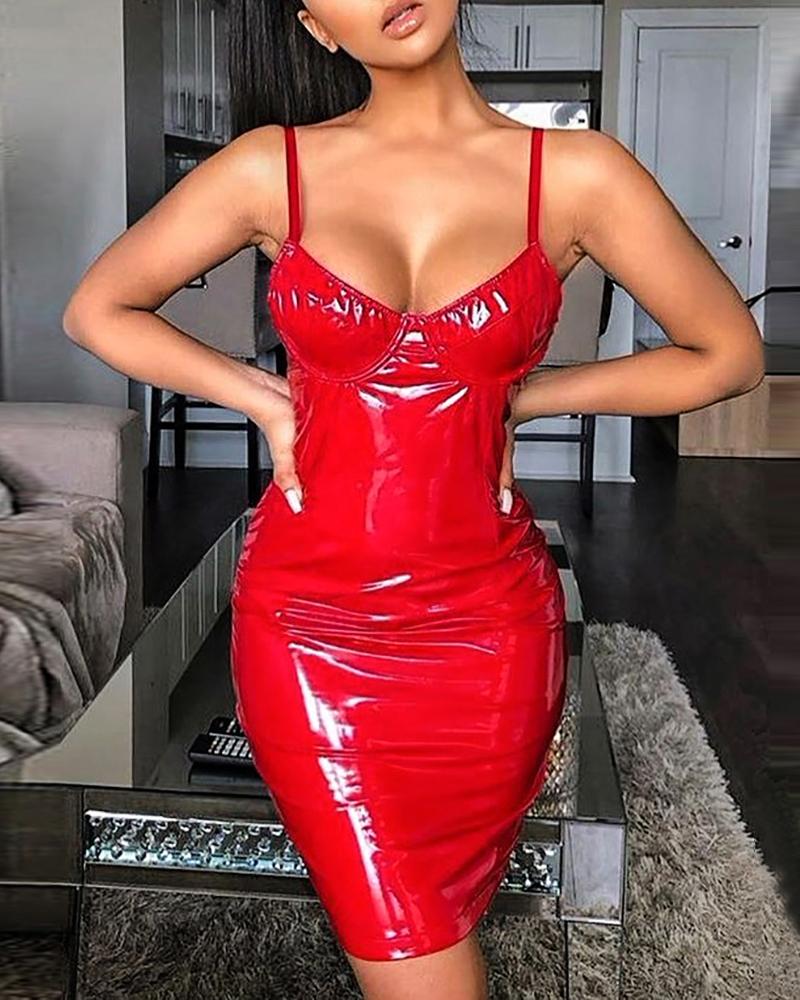 

Solid Spaghetti Strap Bodycon Dress, Red