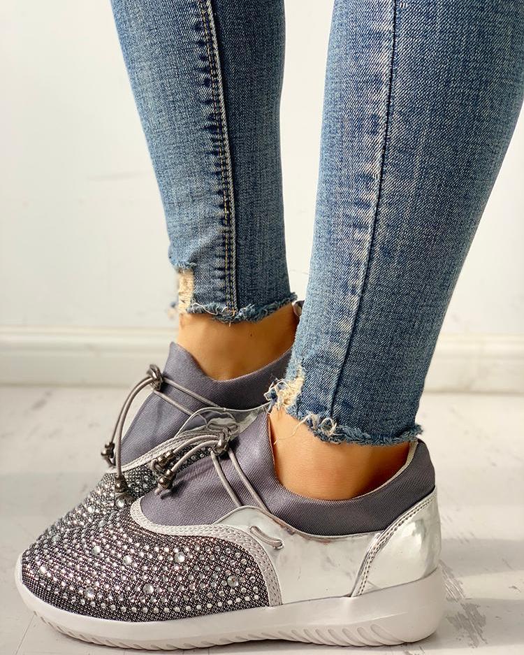 

Studded Detail Patchwork Casual Sneakers, Silver