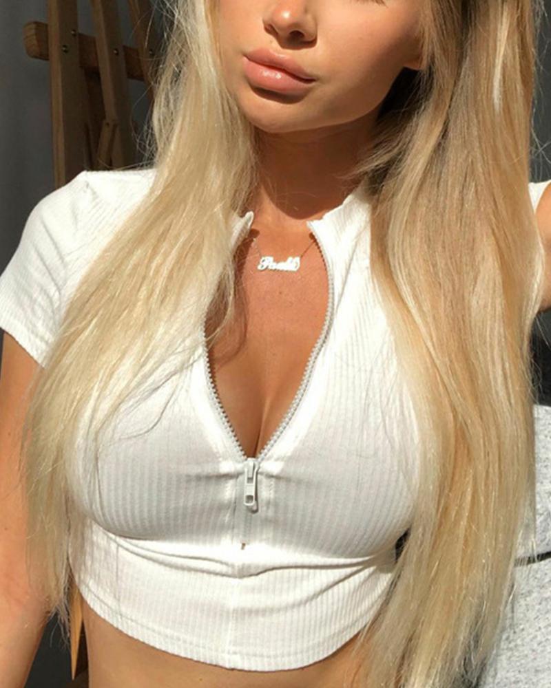 

Solid Color Short Sleeve Blouse, White