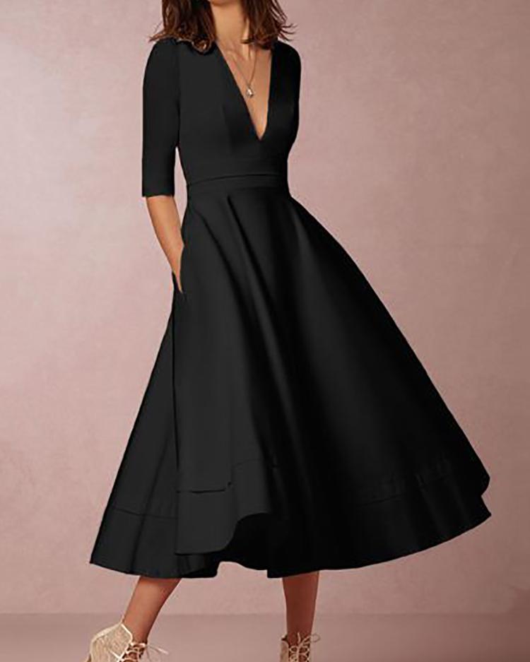 

New Style Pleated Deep V Neck High Waist Maxi Dress, Black