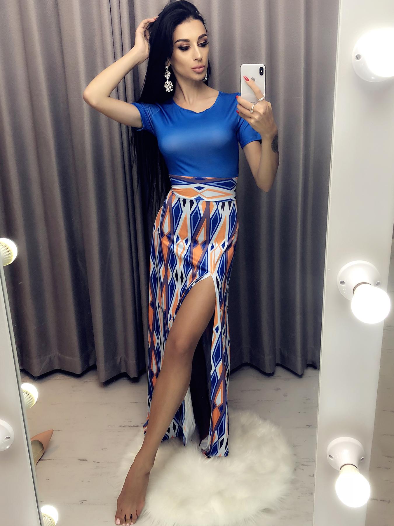 

Splicing Retro Style High Slit Maxi Dress, Blue