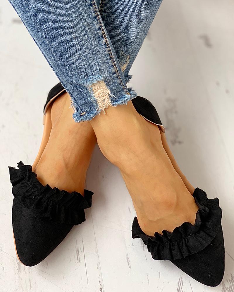 

Suede Pointed Toe Frill Flat Shoes, Black
