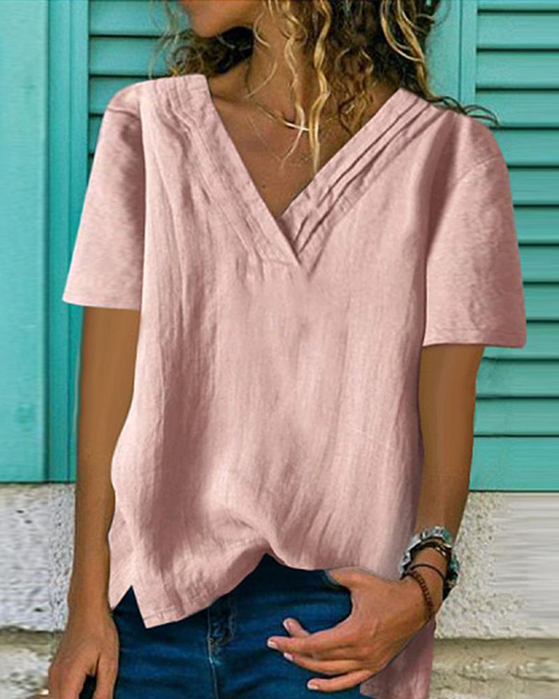 

Solid Short Sleeve V Neck Slit T-Shirt, Pink