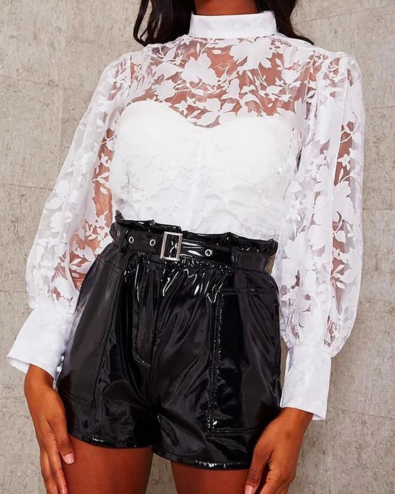 

Mesh Lace Lantern Sleeve Blouse, White