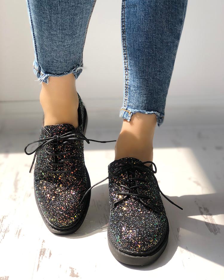 

Glittering Sequined Round Toe Lace-up Sneakers, Black