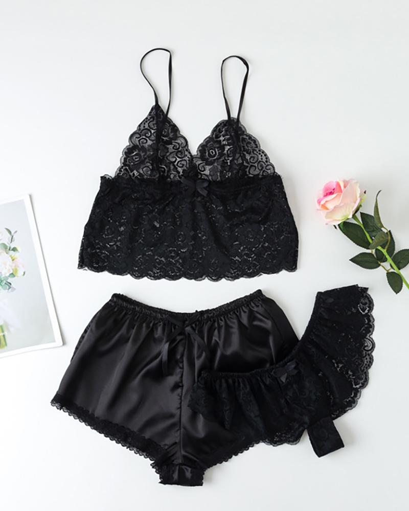 

Spaghetti Strap Lace Trim Sleepwear Three-piece, Black