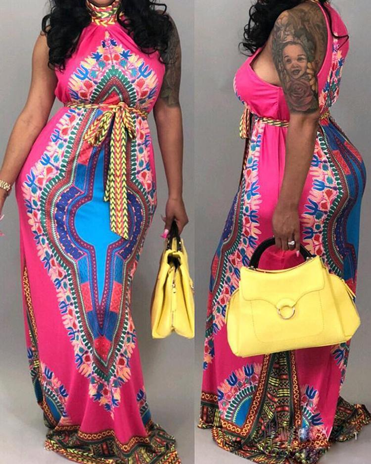 

Vintage Dashiki Print Halter Maxi Dress