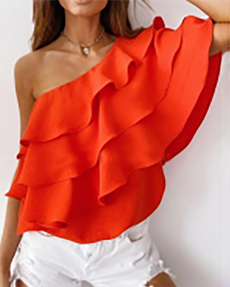 

Ruffles One Shoulder Casual Blouse, Orange