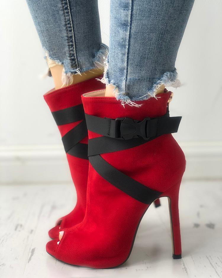 

Suede Crisscross Bandage Peep-toe Thin Heels, Red