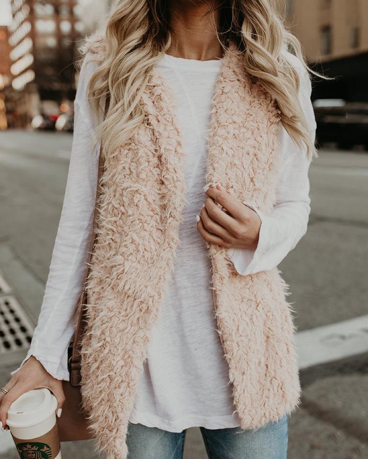 

Fluffy Sleeveless Open Front Coat, Apricot