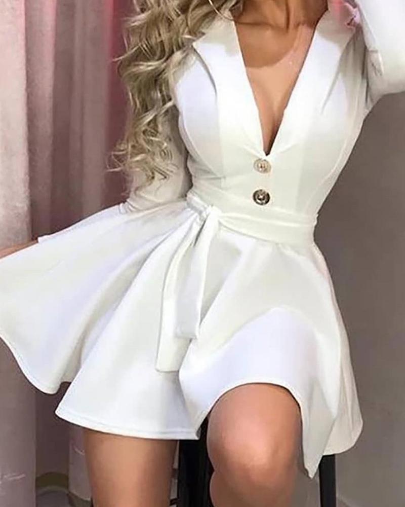 

Solid Buttoned Notched Neck Skater Dress, White