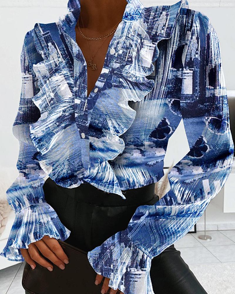 

Print Long Sleeve Ruffles Design Blouse, Blue