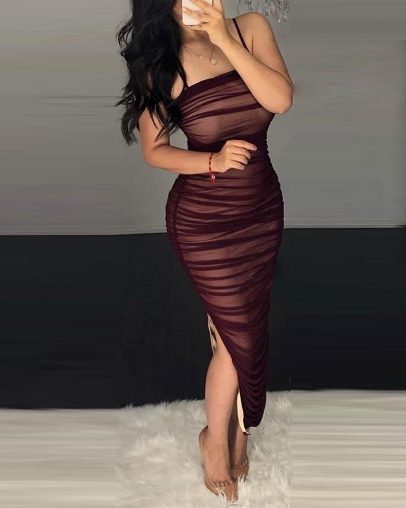 

Spaghetti Strap Ruched Bodycon High Slit Dress, Wine red