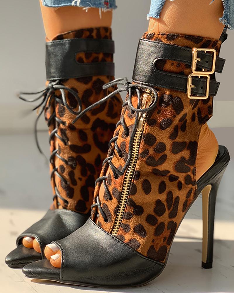 

Leopard Print Peep Toe Buckled Thin Heeled Boot